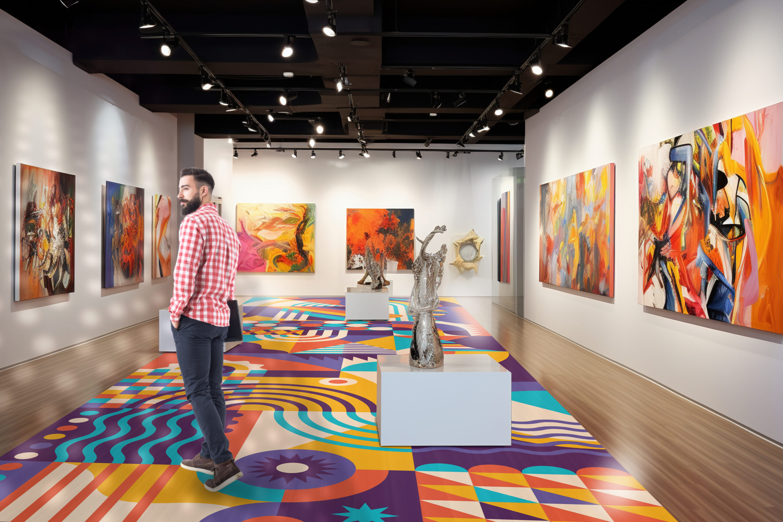 Interior of modern art gallery with paintings on walls and woode
