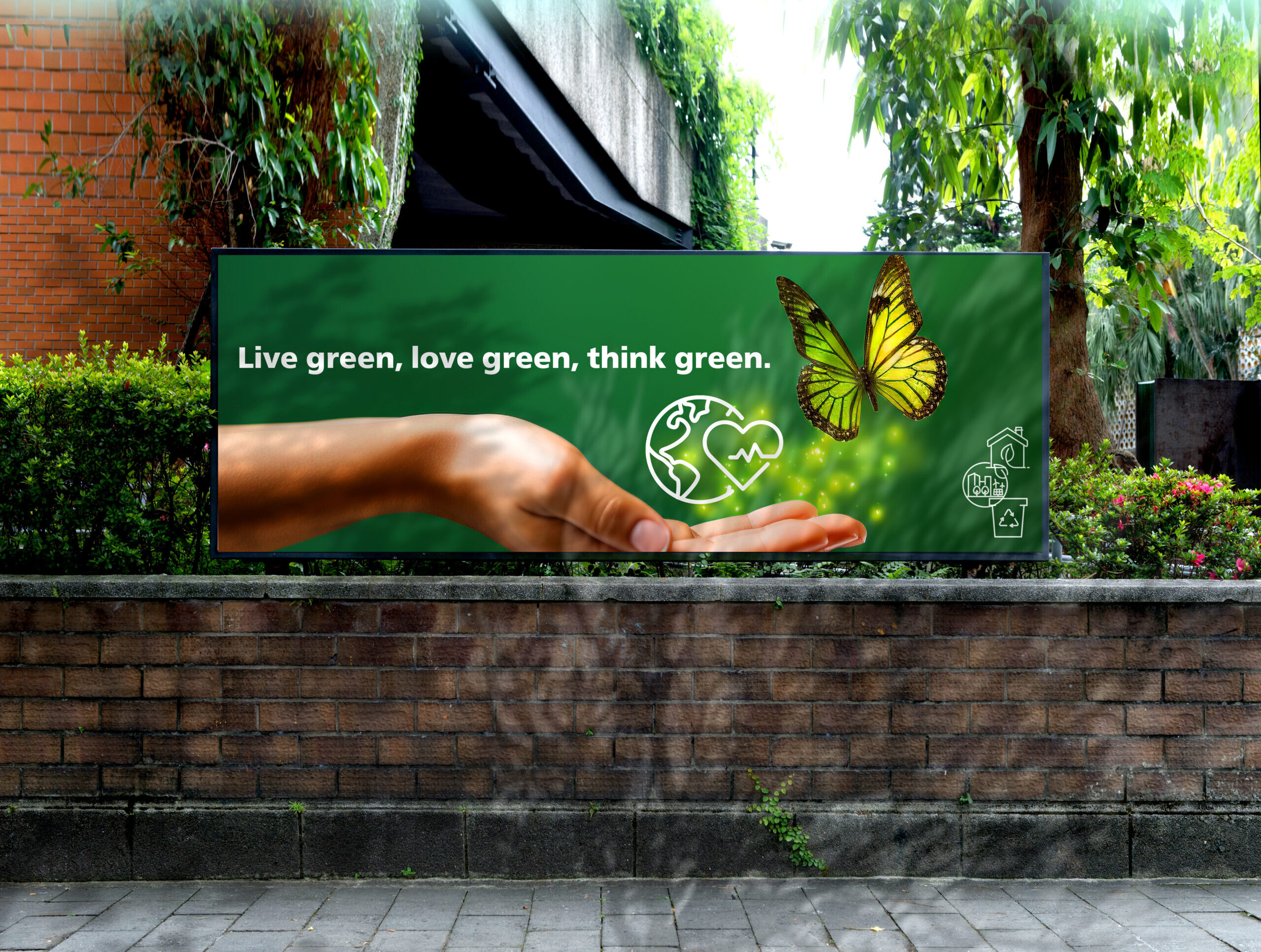 Large blank billboard on a street wall, banners with room to add